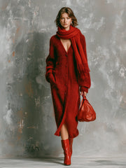 Vue d’ensemble de la robe midi rouge portée avec une écharpe à franges, sur fond gris texturé.