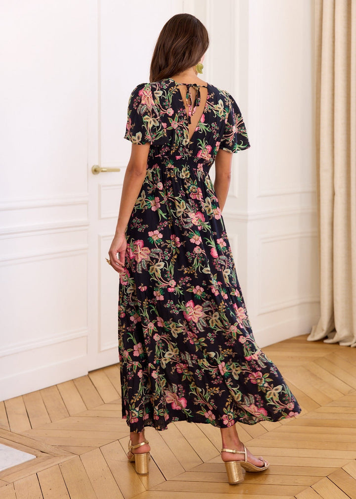 Robe longue fleurie noire rose vert