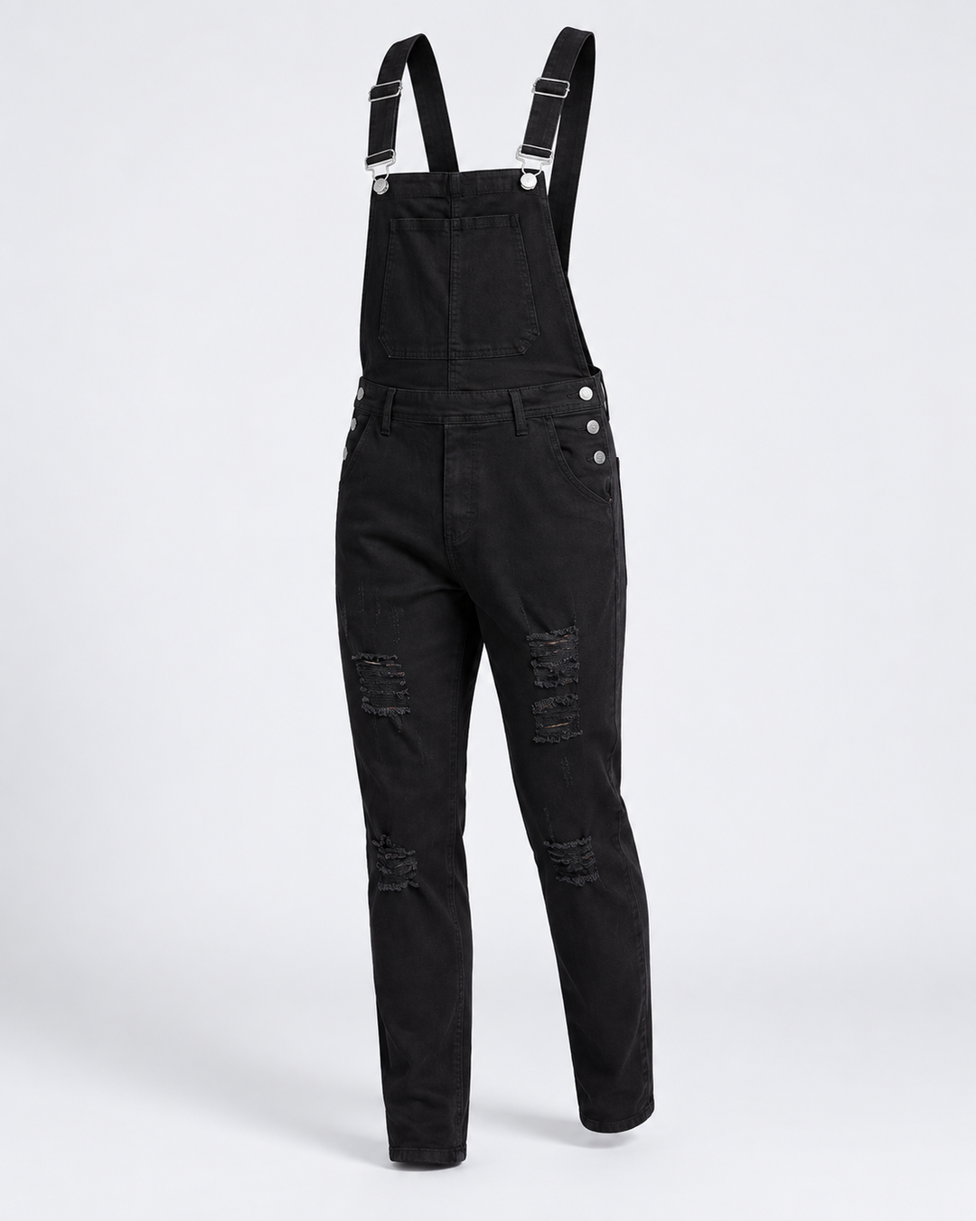 Salopette en denim noir à poches, vue isolée de trois quarts