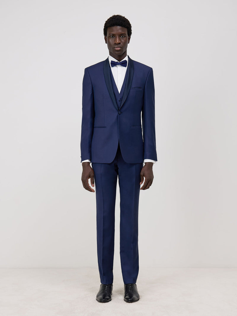 Smoking slim bleu indigo — vue portée en pied, de face