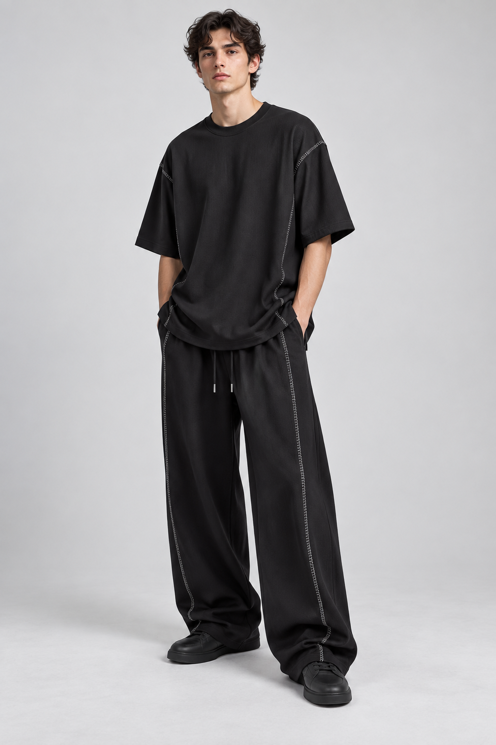 Modelo adulto com conjunto preto de camisola e calças amplas, vista frontal.