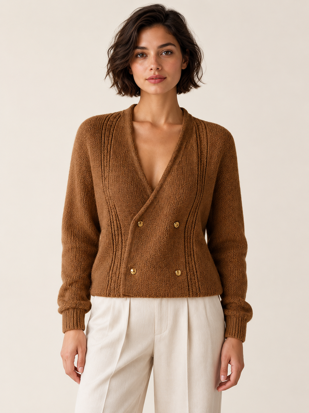Cardigan brun à manches longues et double boutonnage doré, porté de face.