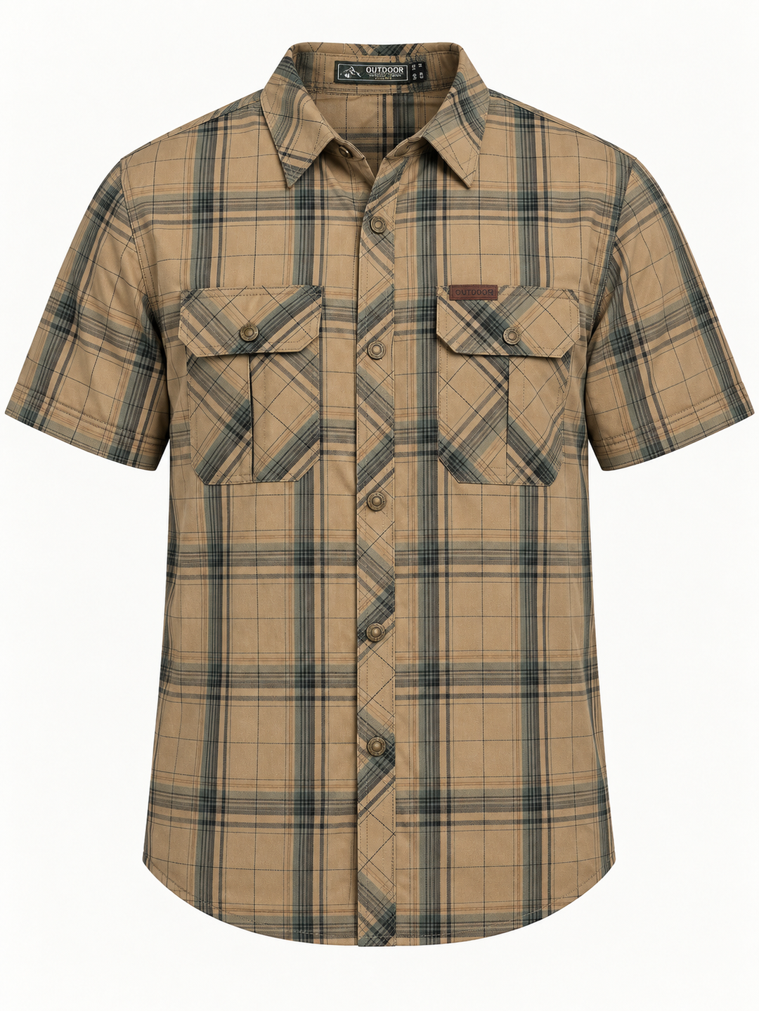 Camisa cáqui de manga curta aos quadrados, dois bolsos com pala e etiqueta OUTDOOR, vista isolada de frente