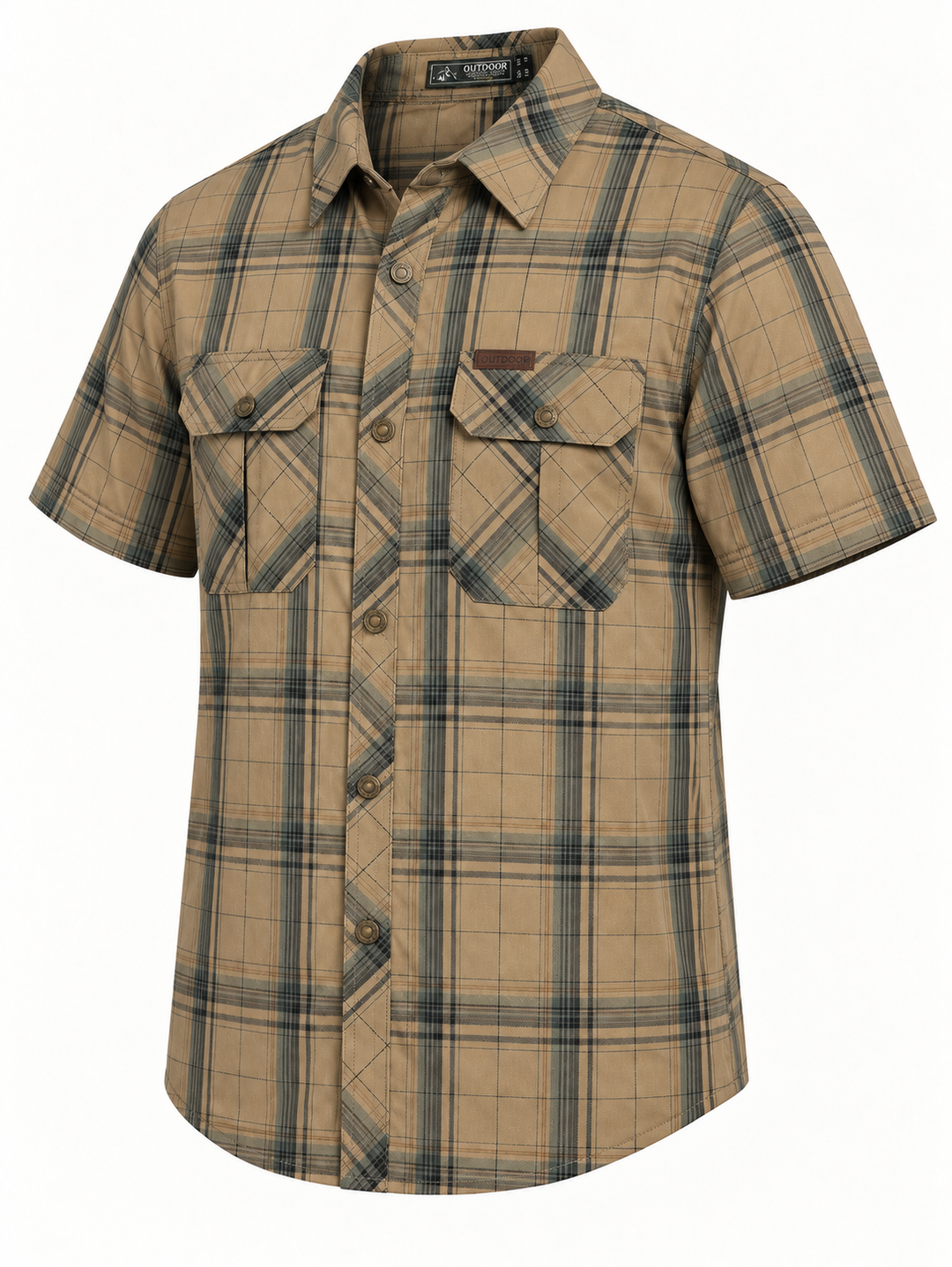 Camisa cáqui de manga curta aos quadrados, dois bolsos com pala e etiqueta OUTDOOR, vista isolada a três quartos