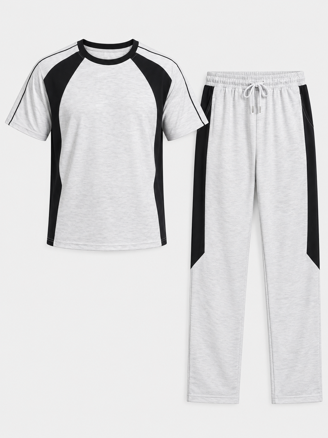 Conjunto cinza mesclado de T-shirt raglan e calças com painéis pretos, peças isoladas de frente