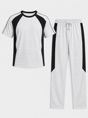 Conjunto cinza mesclado de T-shirt raglan e calças com painéis pretos, peças isoladas de frente