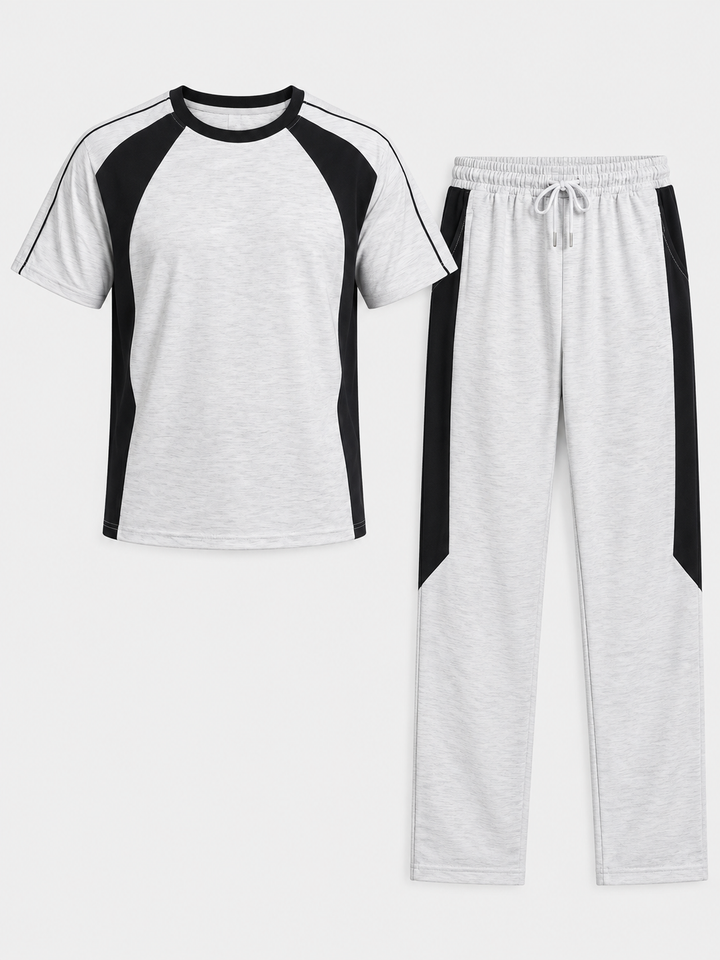 Conjunto cinza mesclado de T-shirt raglan e calças com painéis pretos, peças isoladas de frente
