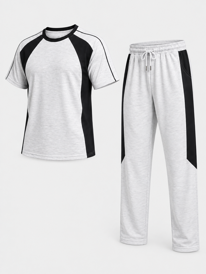 Conjunto cinza mesclado de T-shirt raglan e calças com painéis pretos, peças isoladas a três quartos