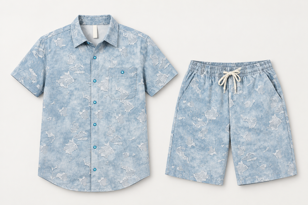 Conjunto azul claro de camisa de manga curta com botões turquesa e calções de efeito gasto, peças isoladas de frente