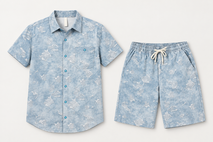 Conjunto azul claro de camisa de manga curta com botões turquesa e calções de efeito gasto, peças isoladas de frente