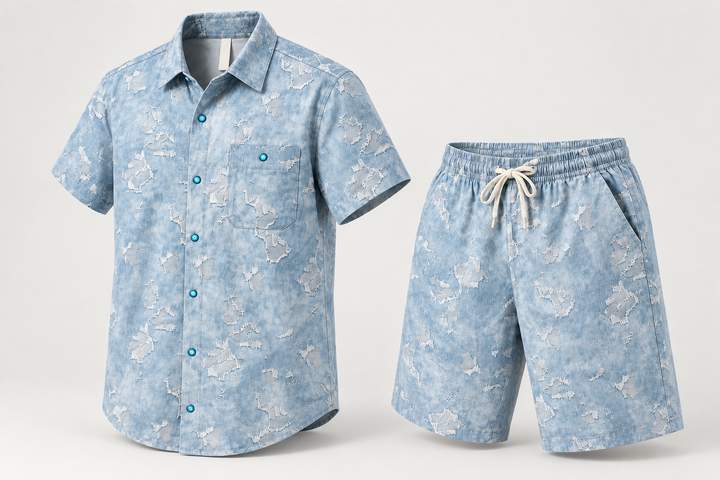 Conjunto azul claro de camisa de manga curta com botões turquesa e calções de efeito gasto, peças isoladas a três quartos