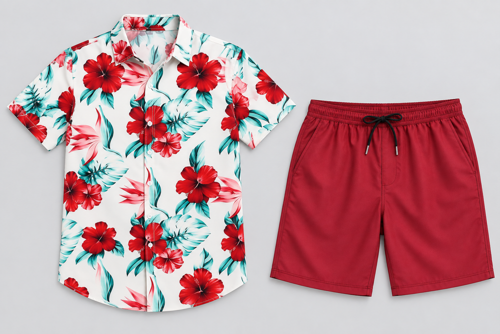 Conjunto havaiano com camisa branca de hibiscos vermelhos e calções vermelhos, peças isoladas de frente