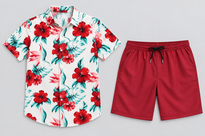 Conjunto havaiano com camisa branca de hibiscos vermelhos e calções vermelhos, peças isoladas de frente