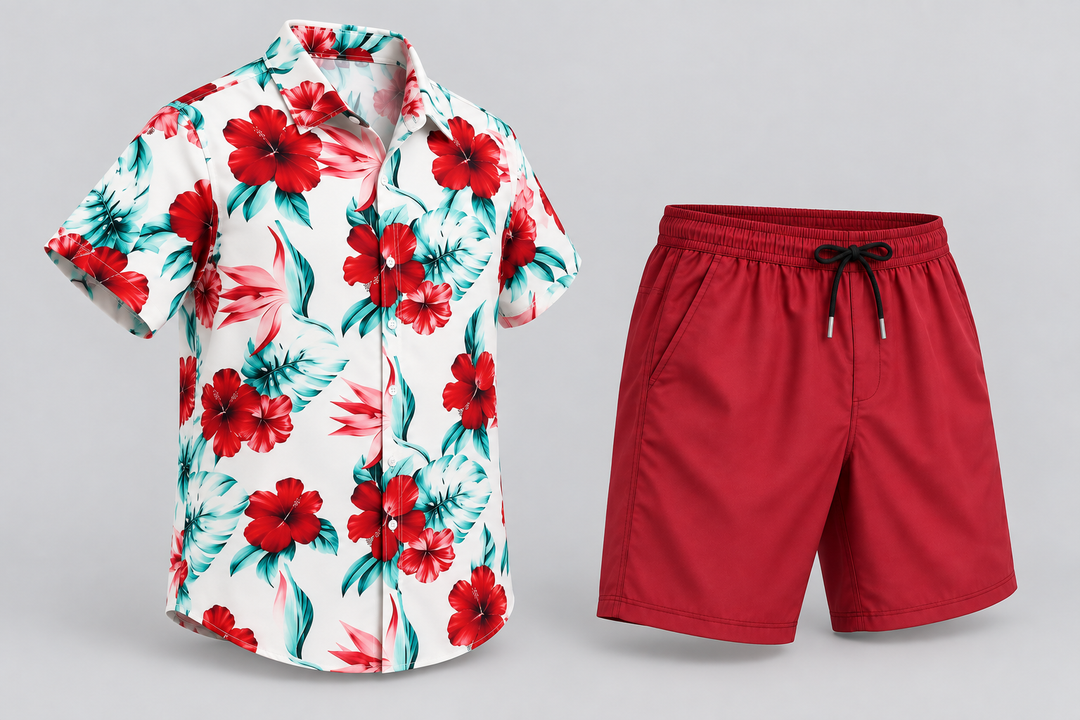 Conjunto havaiano com camisa branca de hibiscos vermelhos e calções vermelhos, peças isoladas a três quartos