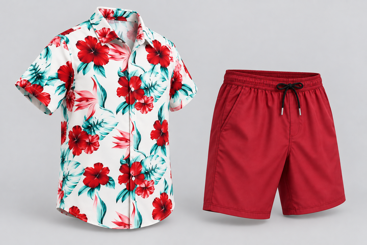 Conjunto havaiano com camisa branca de hibiscos vermelhos e calções vermelhos, peças isoladas a três quartos