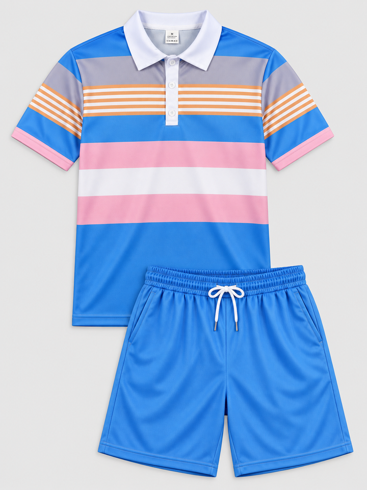 Conjunto polo de riscas azuis, laranja e rosa com calções azuis, peças isoladas de frente