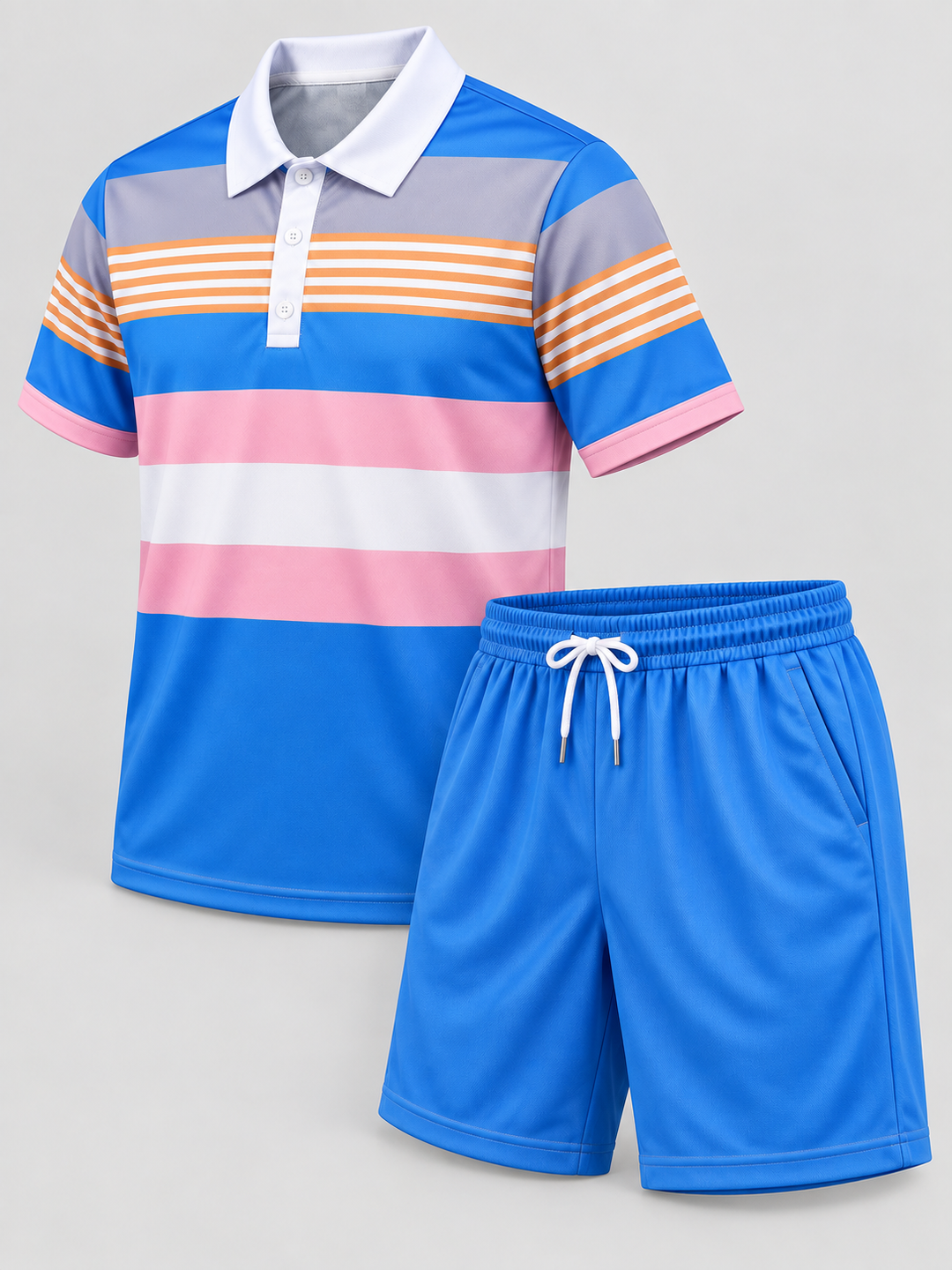 Conjunto polo de riscas azuis, laranja e rosa com calções azuis, peças isoladas a três quartos