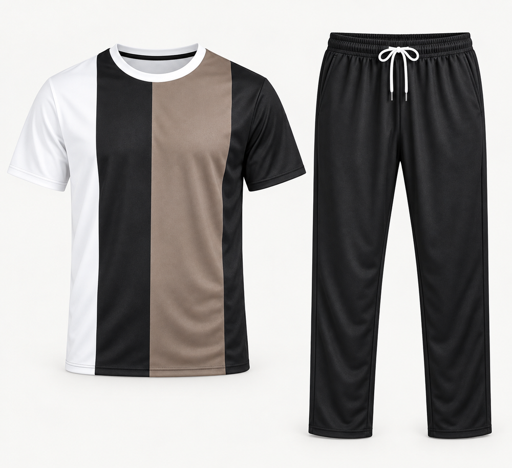 Conjunto de T-shirt de blocos branco, preto e castanho claro com calças pretas, peças isoladas de frente