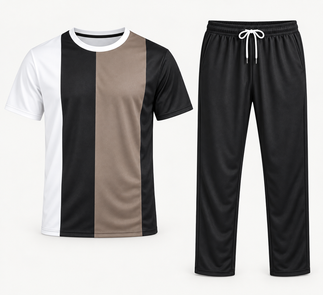 Conjunto de T-shirt de blocos branco, preto e castanho claro com calças pretas, peças isoladas de frente