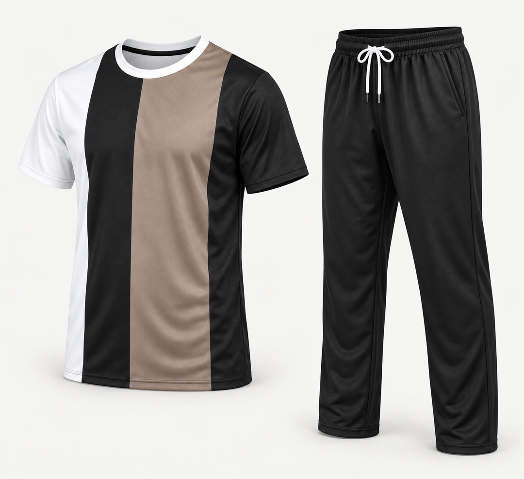 Conjunto de T-shirt de blocos branco, preto e castanho claro com calças pretas, peças isoladas a três quartos