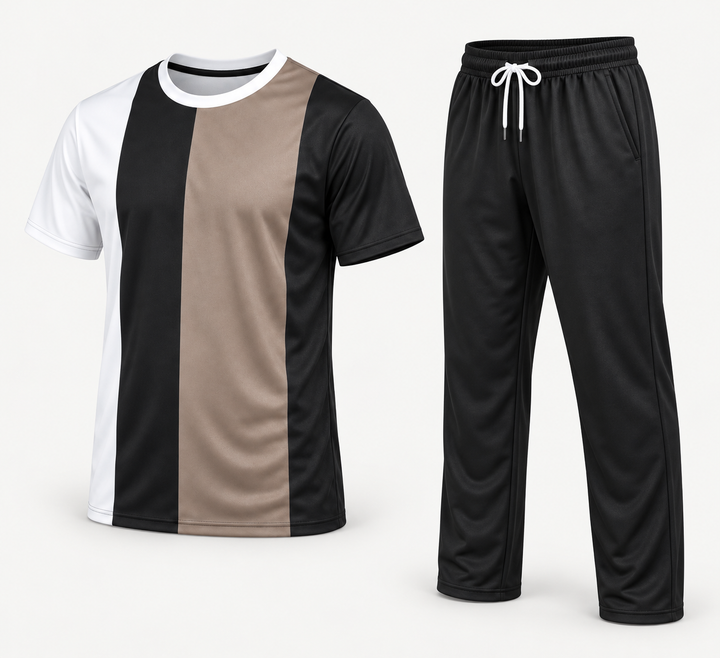 Conjunto de T-shirt de blocos branco, preto e castanho claro com calças pretas, peças isoladas a três quartos