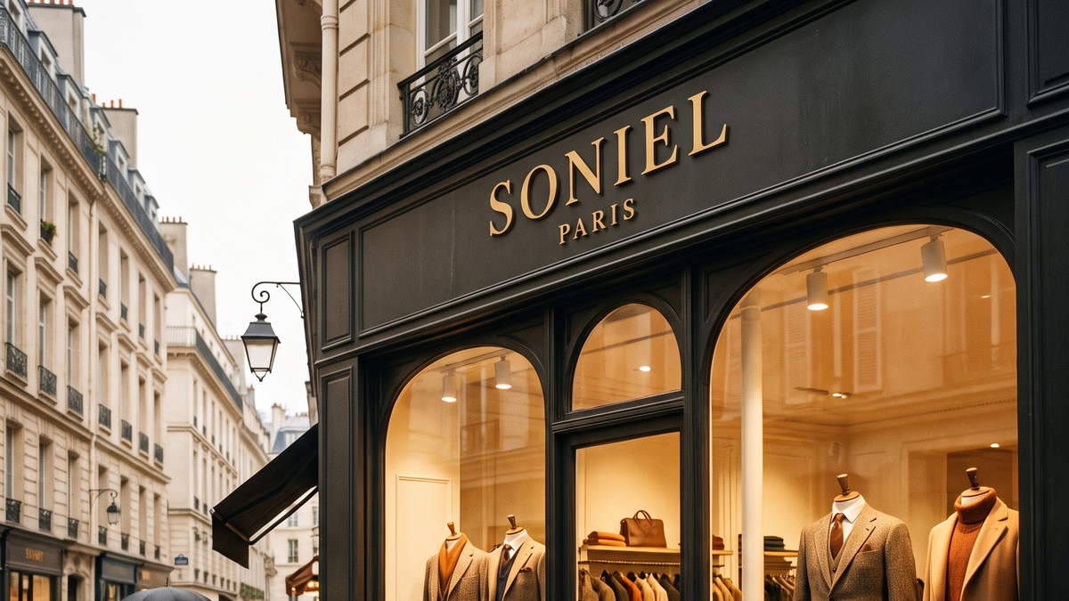 Devanture Soniel Paris — costumes et manteaux en vitrine, rue parisienne en automne