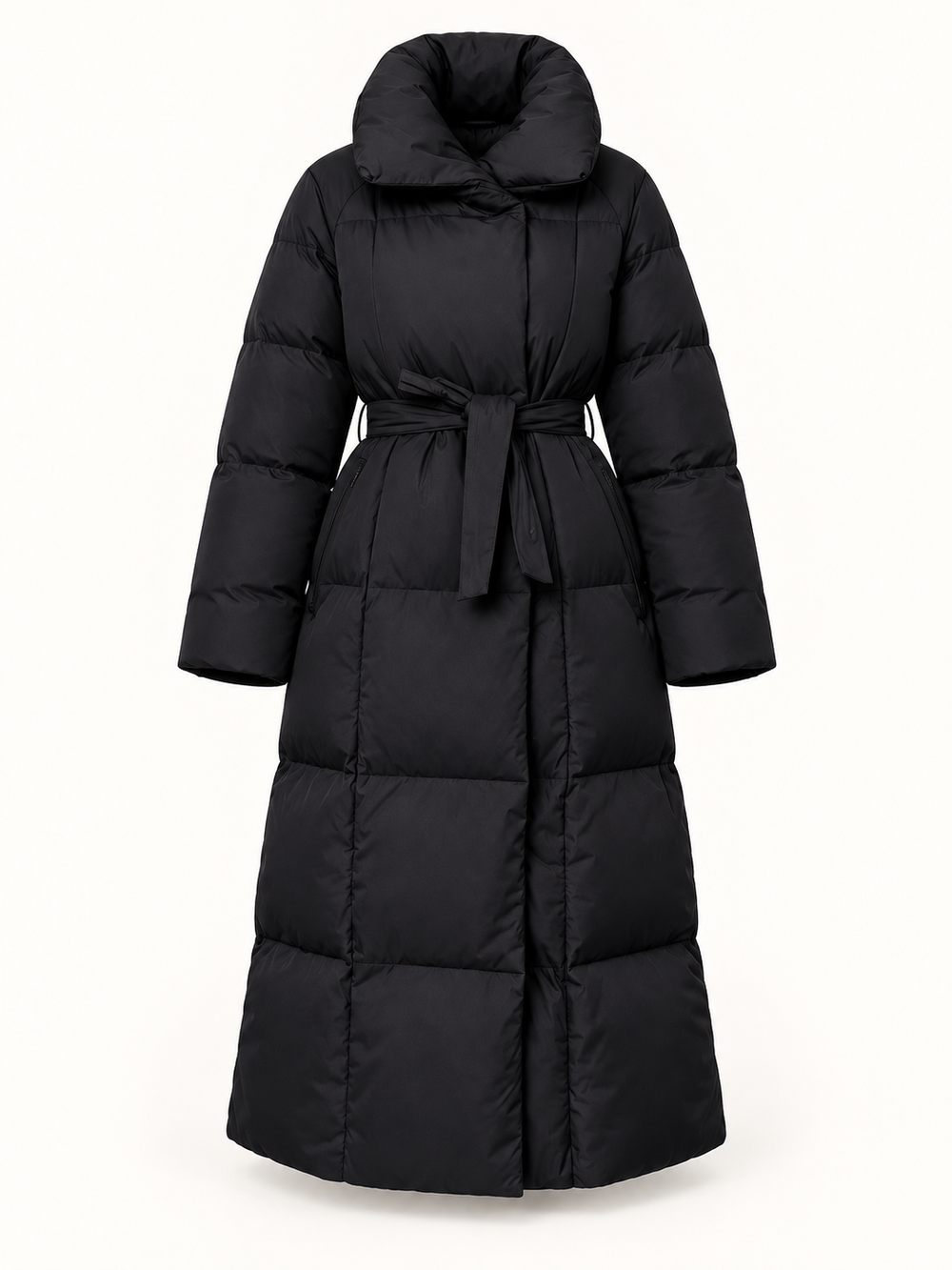 Manteau matelassé noir à large col — vue de face avec ceinture nouée