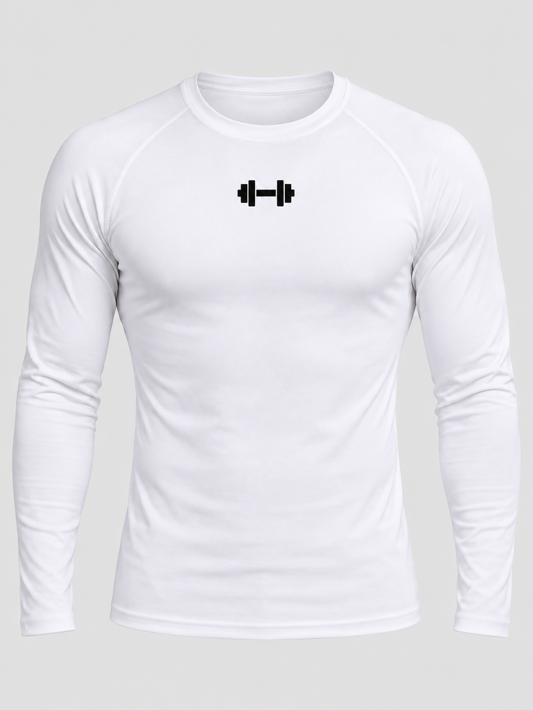 T-shirt blanc ajusté manches longues raglan, symbole haltère noir, pièce isolée de face