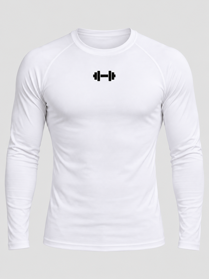 T-shirt blanc ajusté manches longues raglan, symbole haltère noir, pièce isolée de face