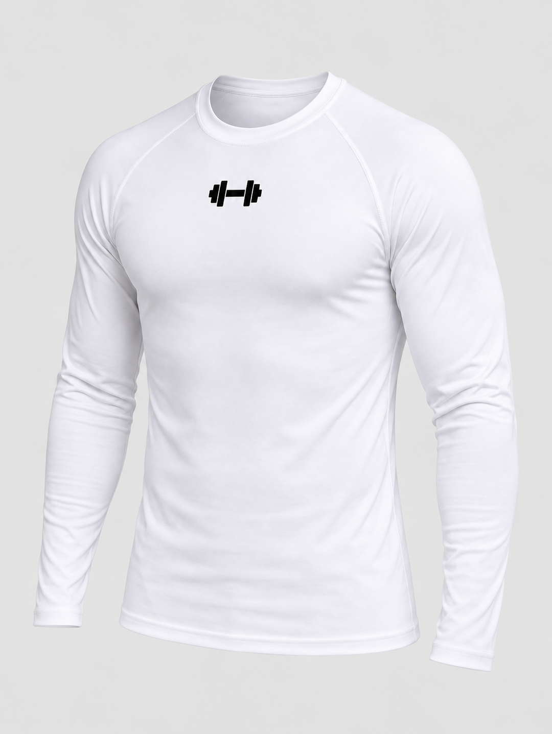 T-shirt blanc ajusté manches longues raglan, symbole haltère noir, pièce isolée de trois quarts