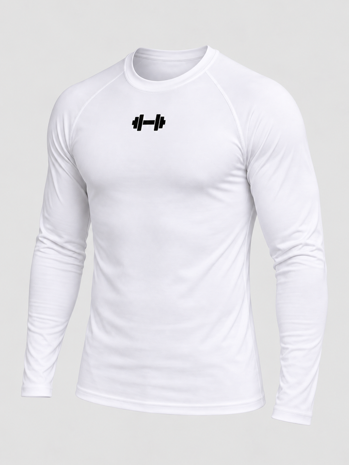 T-shirt blanc ajusté manches longues raglan, symbole haltère noir, pièce isolée de trois quarts