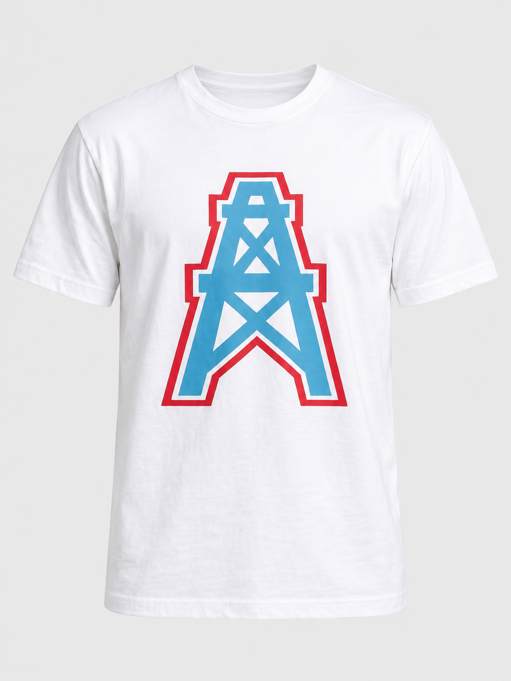 T-shirt blanc à imprimé géométrique bleu et rouge, pièce isolée vue de face
