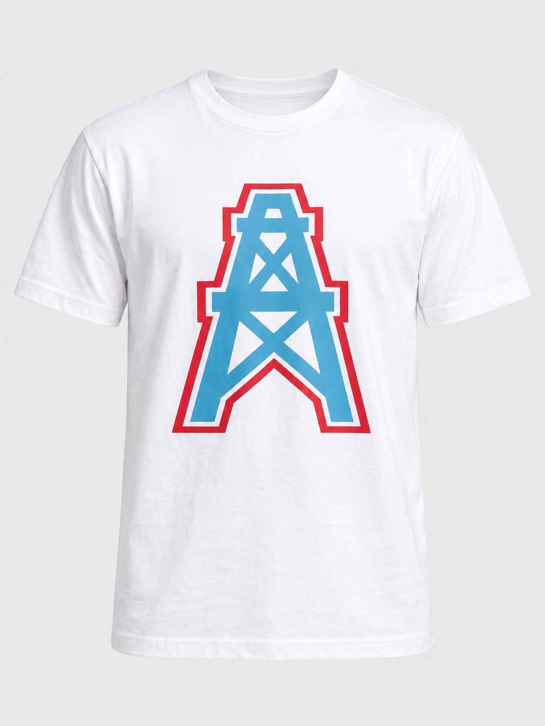 T-shirt blanc à imprimé géométrique bleu et rouge, pièce isolée vue de face