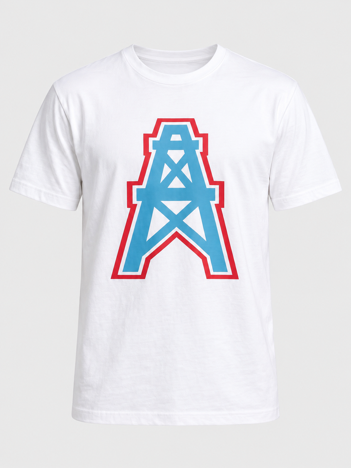 T-shirt blanc à imprimé géométrique bleu et rouge, pièce isolée vue de face