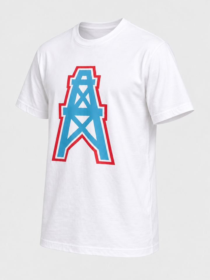T-shirt blanc à imprimé géométrique bleu et rouge, pièce isolée vue trois quarts