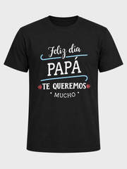 T-shirt noir Feliz día PAPÁ TE QUEREMOS MUCHO, pièce isolée de face