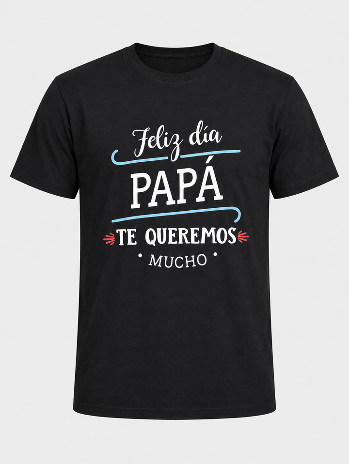 T-shirt noir Feliz día PAPÁ TE QUEREMOS MUCHO, pièce isolée de face