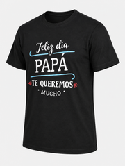 T-shirt noir Feliz día PAPÁ TE QUEREMOS MUCHO, pièce isolée de trois quarts