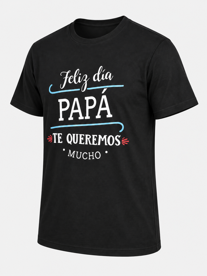 T-shirt noir Feliz día PAPÁ TE QUEREMOS MUCHO, pièce isolée de trois quarts