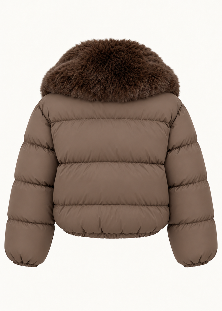 Veste courte matelassée brun foncé à col fourrure, pièce isolée de dos