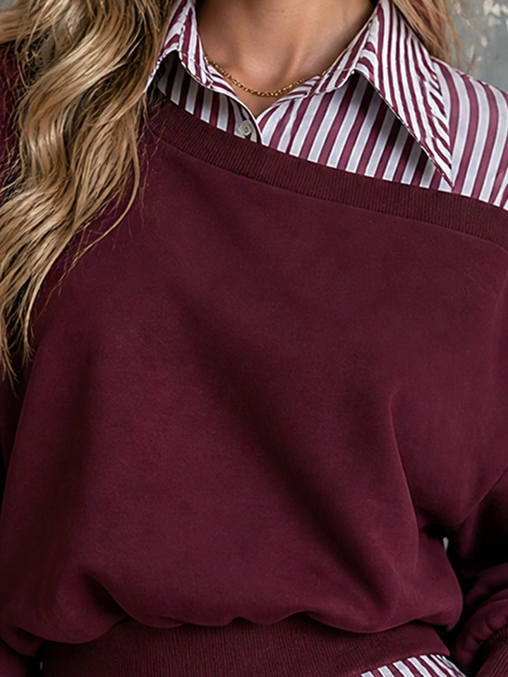 Sweat bordeaux à effet chemise rayée