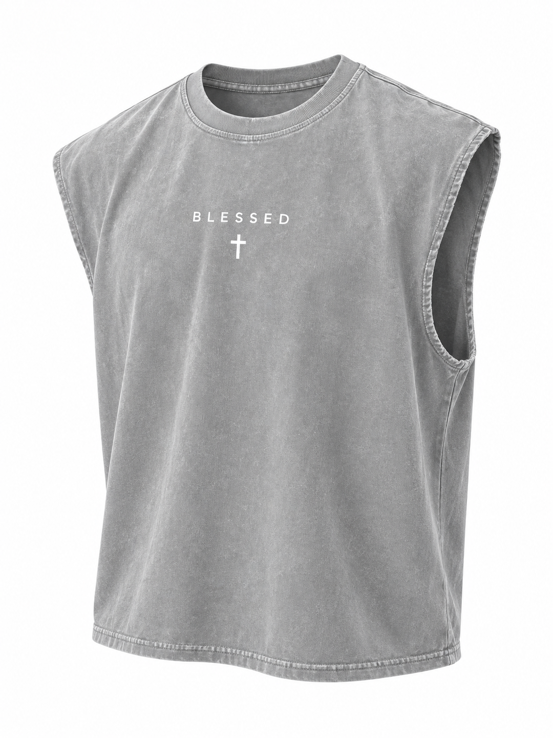 T-shirt sans manches gris clair BLESSED, vue isolée de trois quarts sur fond clair