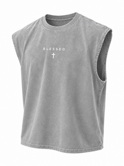 T-shirt sans manches gris clair BLESSED, vue isolée de trois quarts sur fond clair