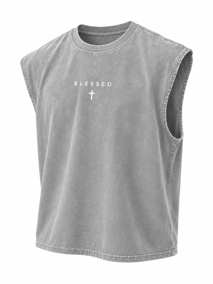 T-shirt sans manches gris clair BLESSED, vue isolée de trois quarts sur fond clair