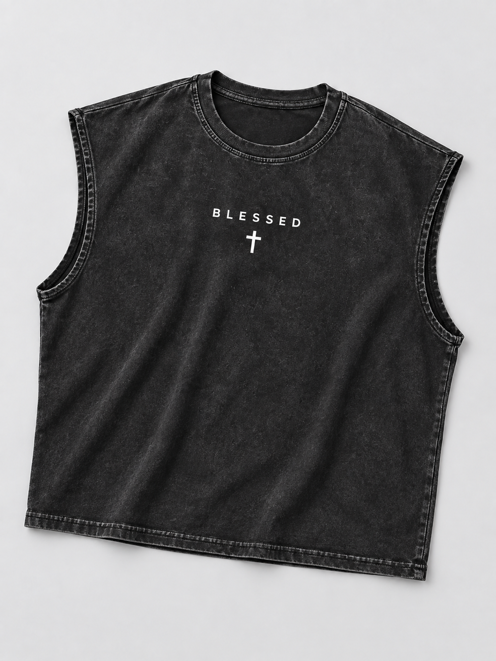 T-shirt sans manches noir BLESSED, vue isolée de face sur fond clair