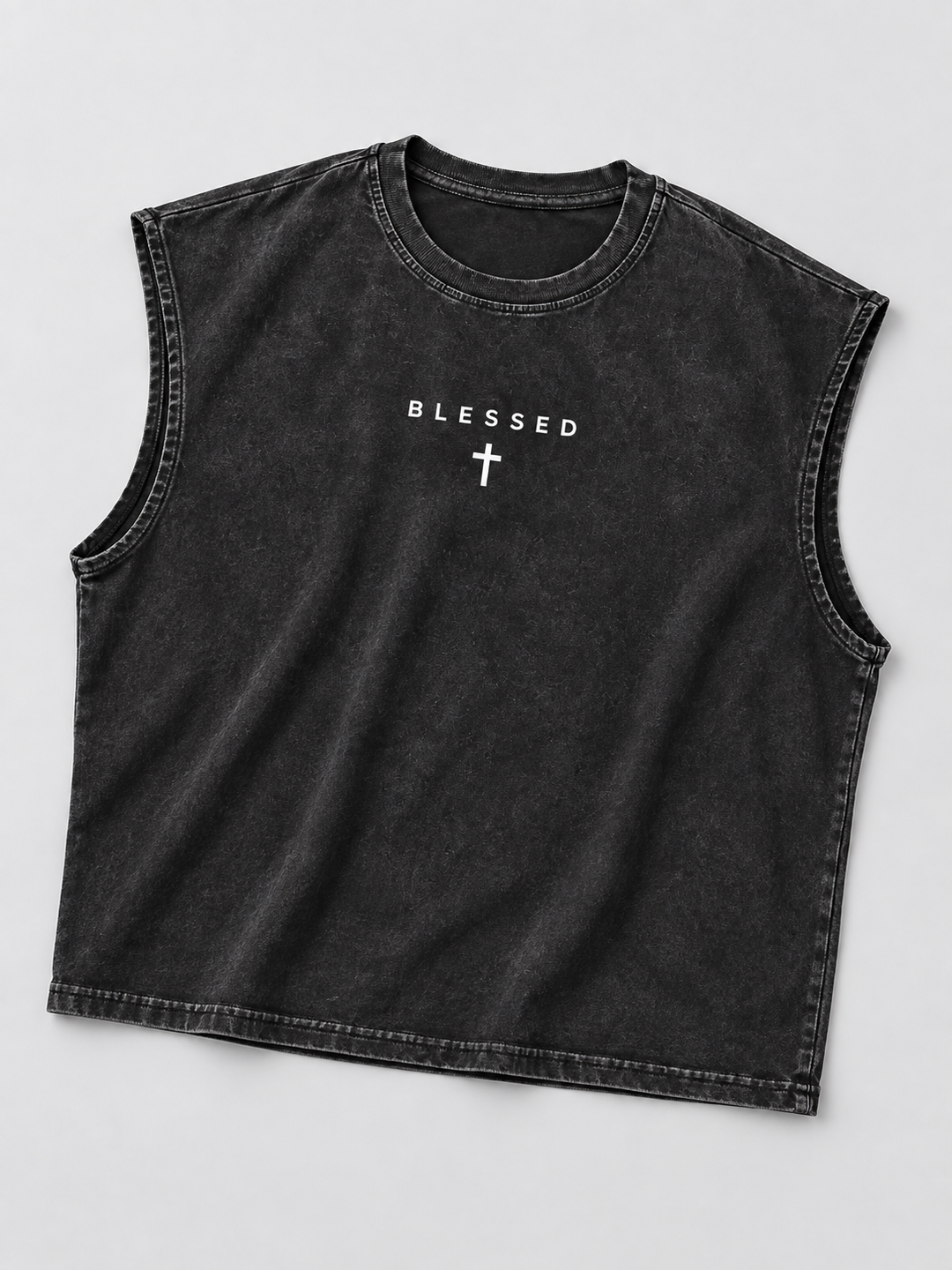 T-shirt sans manches noir BLESSED, vue isolée de face sur fond clair