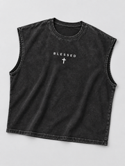 T-shirt sans manches noir BLESSED, vue isolée de face sur fond clair