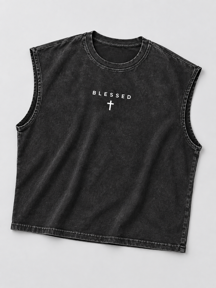 T-shirt sans manches noir BLESSED, vue isolée de face sur fond clair