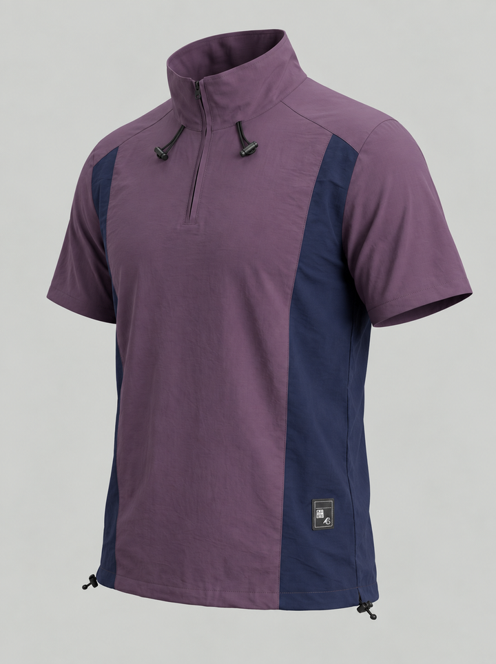 T-shirt demi-zip violet isolé, vue de trois quarts