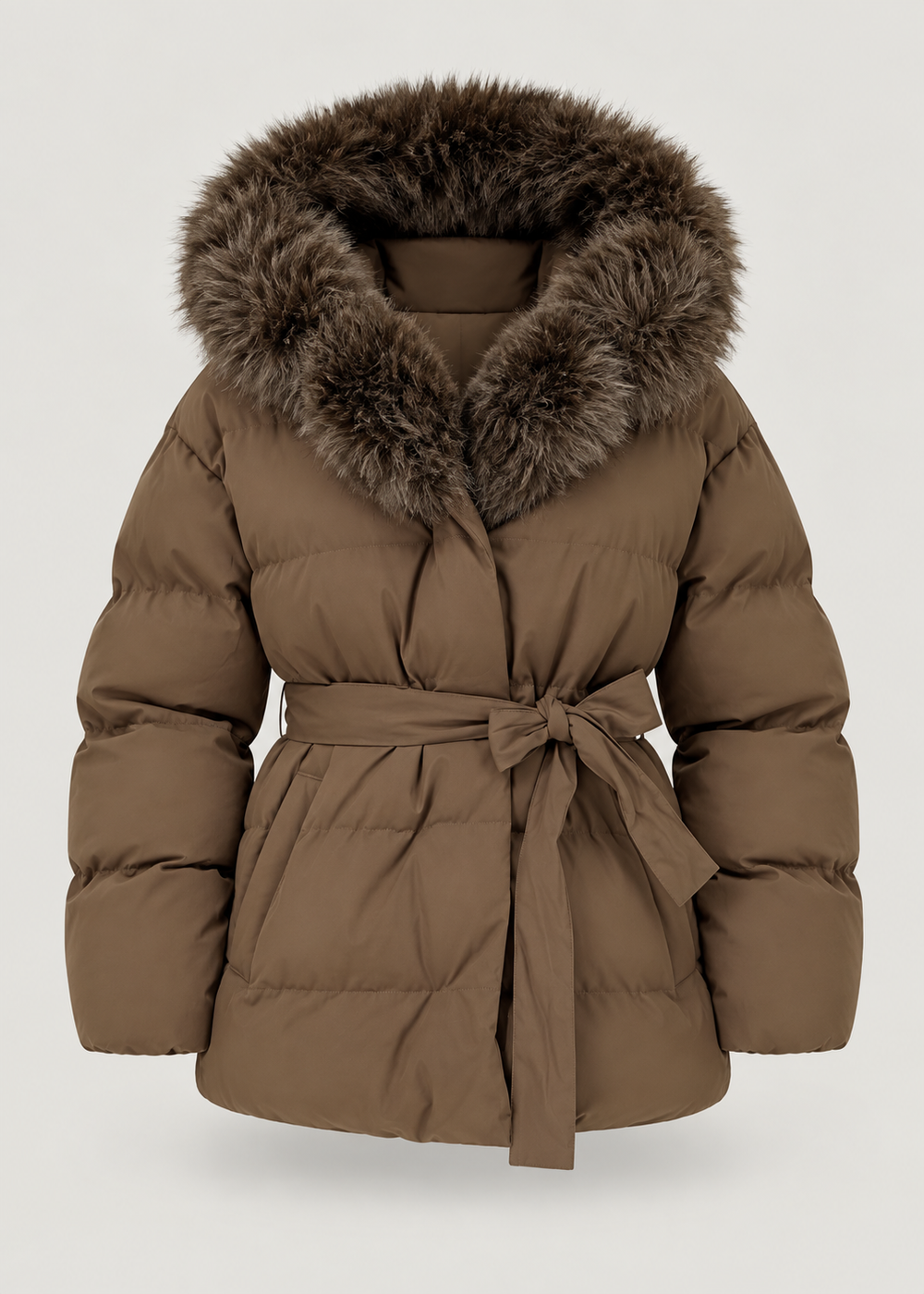 Veste matelassée brune à capuche et ceinture — pièce isolée, vue de face.
